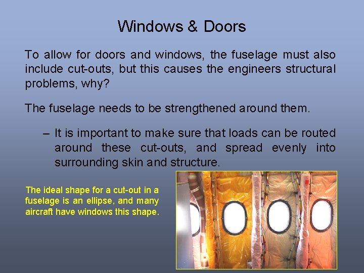 Windows & Doors To allow for doors and windows, the fuselage must also include