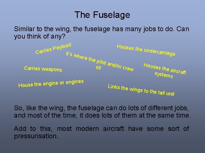 The Fuselage Similar to the wing, the fuselage has many jobs to do. Can