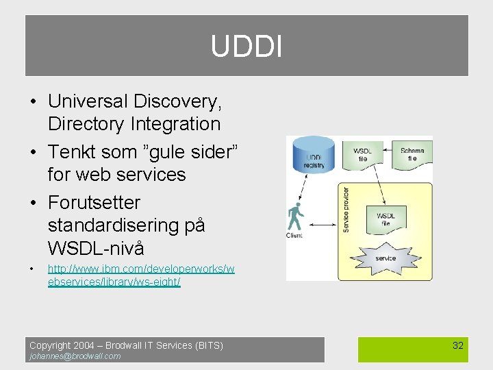 UDDI • Universal Discovery, Directory Integration • Tenkt som ”gule sider” for web services
