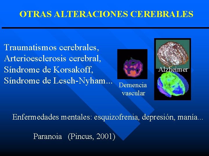 OTRAS ALTERACIONES CEREBRALES Traumatismos cerebrales, Arterioesclerosis cerebral, Síndrome de Korsakoff, Síndrome de Lesch-Nyham. .