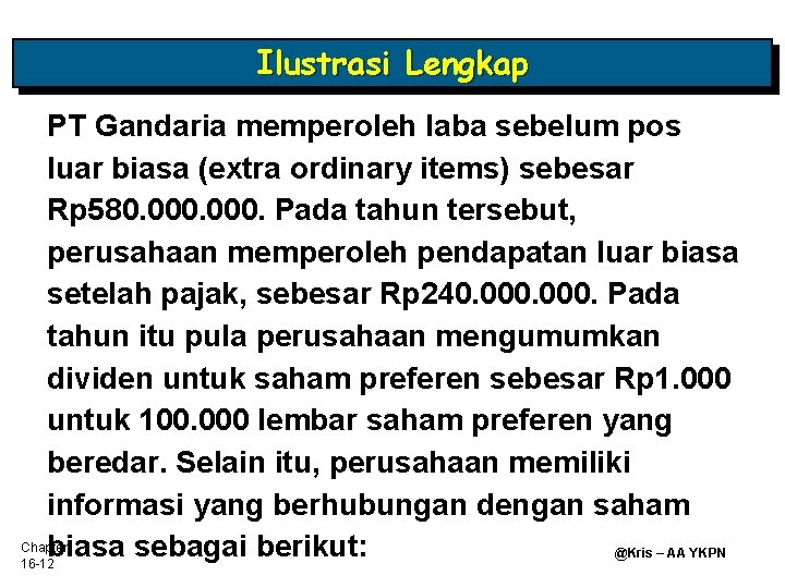 Ilustrasi Lengkap PT Gandaria memperoleh laba sebelum pos luar biasa (extra ordinary items) sebesar