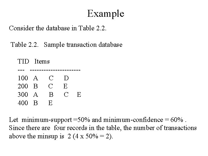 Example Consider the database in Table 2. 2. Sample transaction database TID Items ------------100