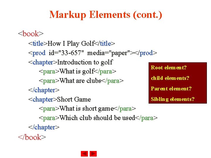 Markup Elements (cont. ) <book> <title>How I Play Golf</title> <prod id="33 -657" media="paper"></prod> <chapter>Introduction