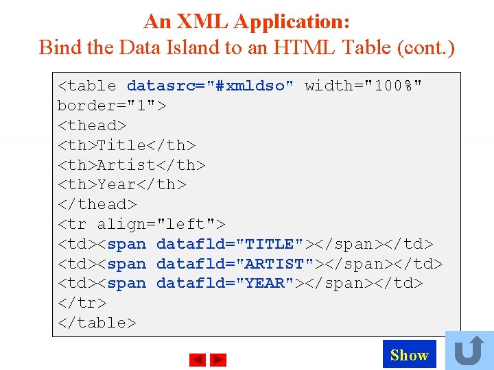 An XML Application: Bind the Data Island to an HTML Table (cont. ) <table