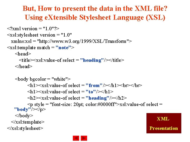 But, How to present the data in the XML file? Using e. Xtensible Stylesheet