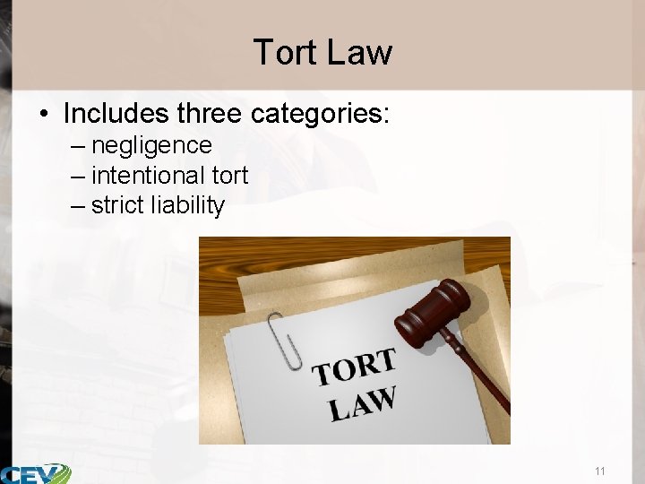 Tort Law • Includes three categories: – negligence – intentional tort – strict liability