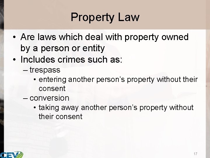 Property Law • Are laws which deal with property owned by a person or