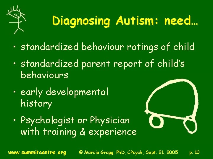 Diagnosing Autism: need… • standardized behaviour ratings of child • standardized parent report of