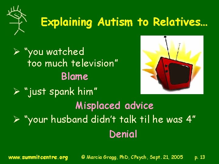 Explaining Autism to Relatives… Ø “you watched too much television” Blame Ø “just spank