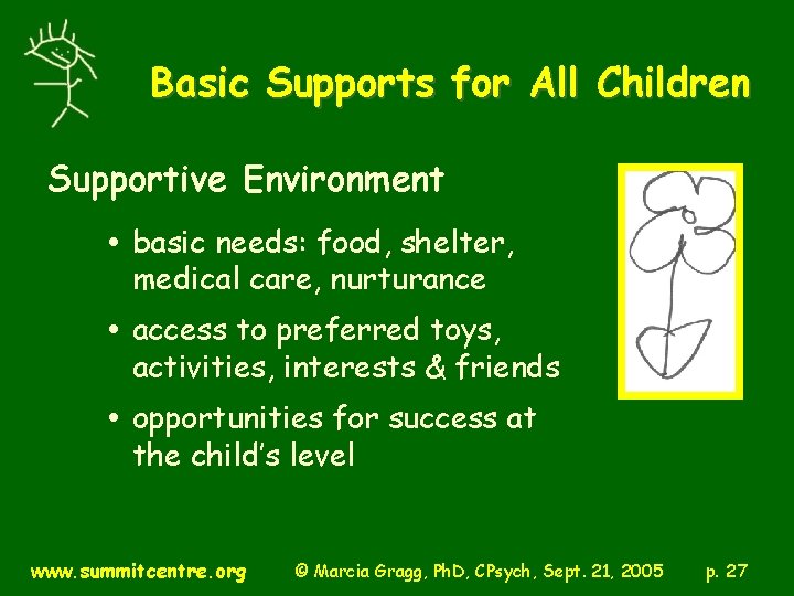 Basic Supports for All Children Supportive Environment basic needs: food, shelter, medical care, nurturance