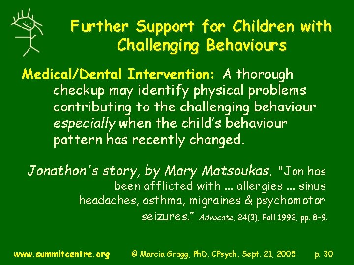 Further Support for Children with Challenging Behaviours Medical/Dental Intervention: A thorough checkup may identify