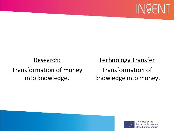 Research: Transformation of money into knowledge. Technology Transfer Transformation of knowledge into money. 