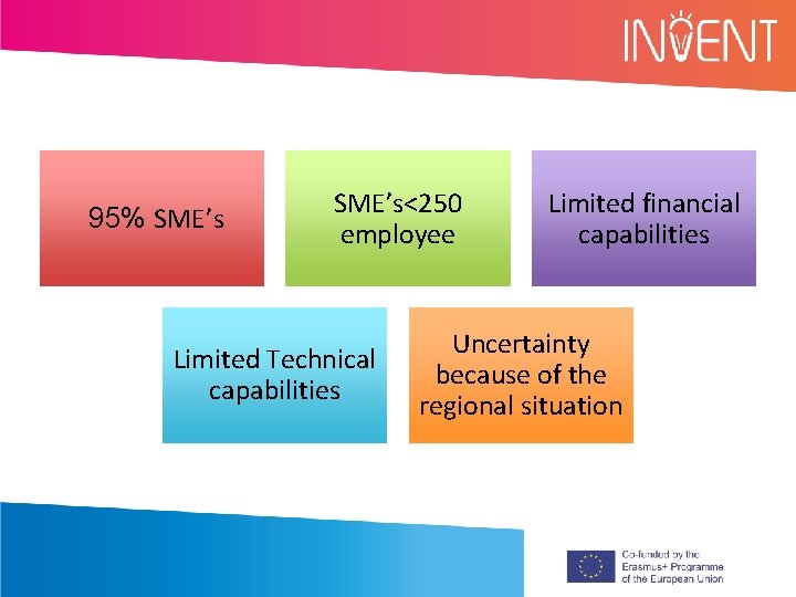 95% SME’s<250 employee Limited Technical capabilities Limited financial capabilities Uncertainty because of the regional