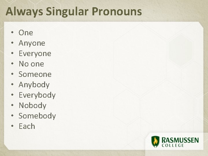 Always Singular Pronouns • • • One Anyone Everyone No one Someone Anybody Everybody