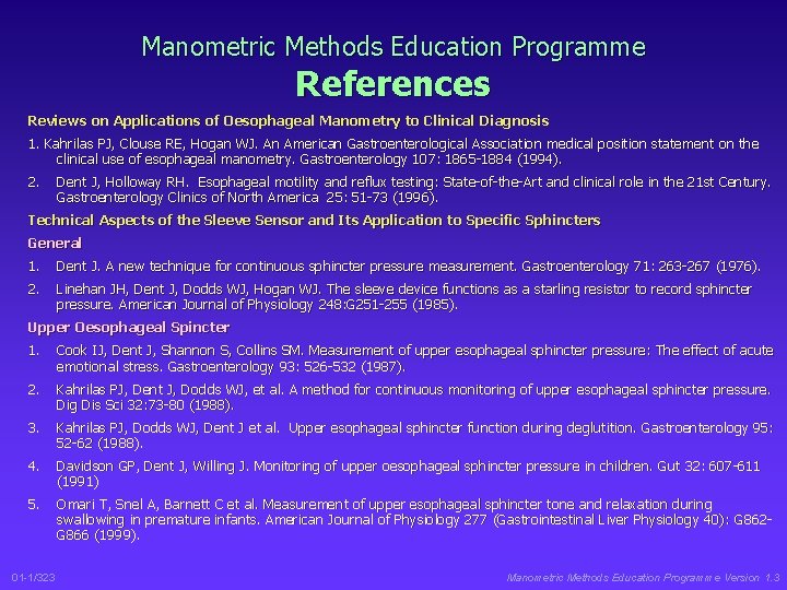 Manometric Methods Education Programme References Reviews on Applications of Oesophageal Manometry to Clinical Diagnosis