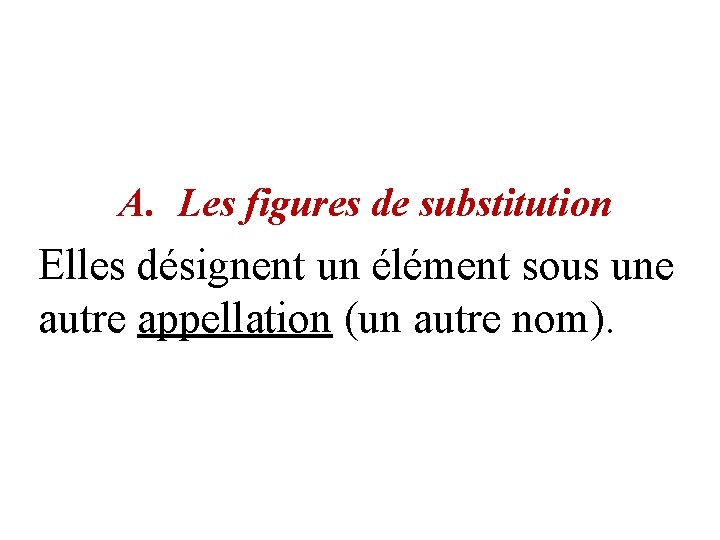 A. Les figures de substitution Elles désignent un élément sous une autre appellation (un