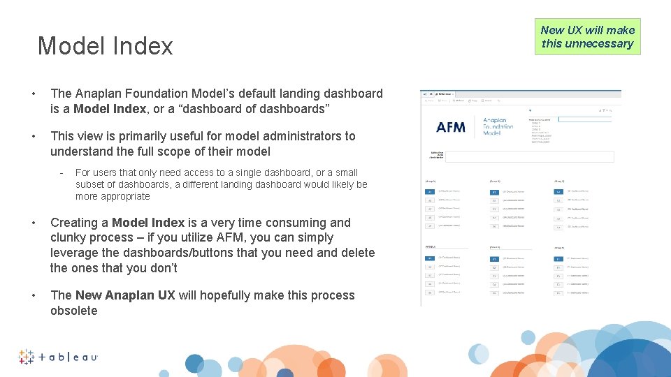 Model Index • The Anaplan Foundation Model’s default landing dashboard is a Model Index,