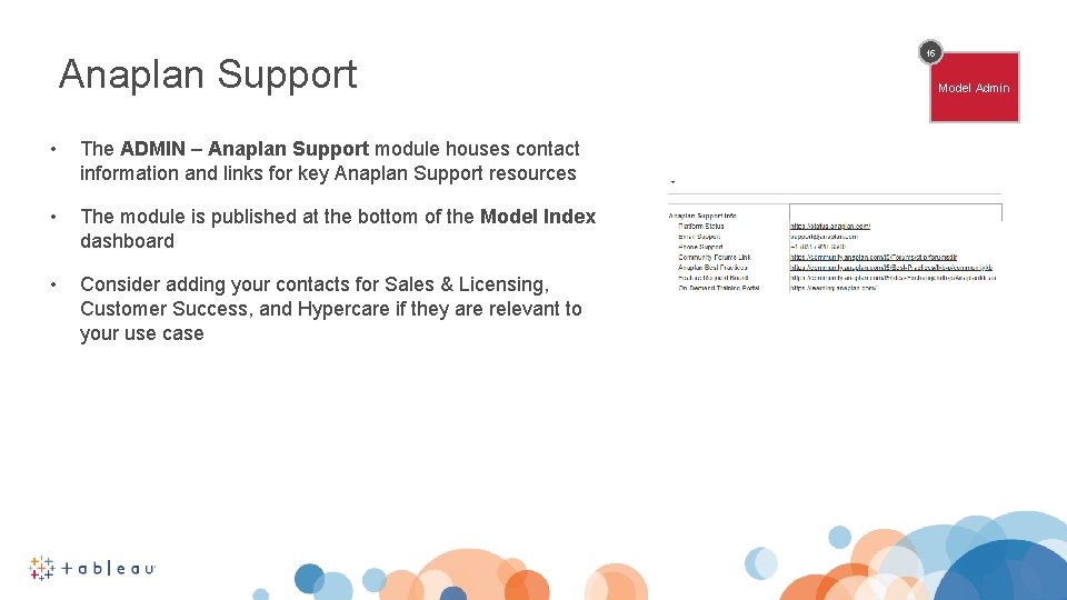 Anaplan Support • The ADMIN – Anaplan Support module houses contact information and links