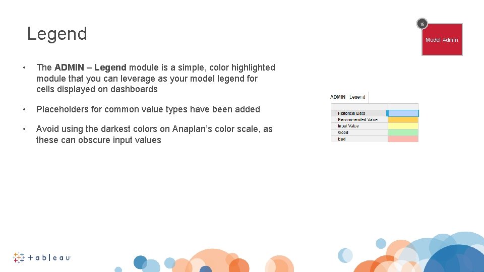 Legend • The ADMIN – Legend module is a simple, color highlighted module that