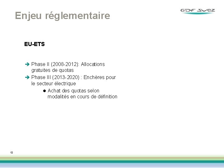 Enjeu réglementaire EU-ETS è Phase II (2008 -2012): Allocations gratuites de quotas è Phase