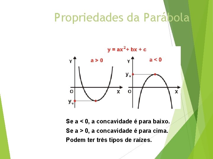 Propriedades da Parábola Se a < 0, a concavidade é para baixo. Se a