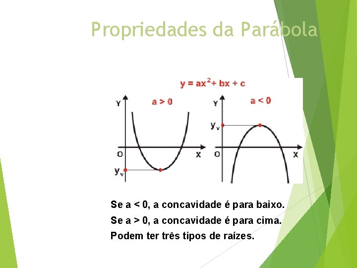 Propriedades da Parábola Se a < 0, a concavidade é para baixo. Se a Propriedades da Parábola Se a < 0, a concavidade é para baixo. Se a