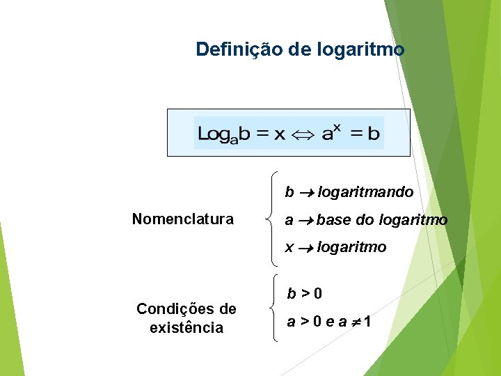 Definição de logaritmo b ® logaritmando Nomenclatura a ® base do logaritmo x ® Definição de logaritmo b ® logaritmando Nomenclatura a ® base do logaritmo x ®