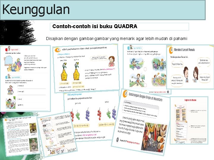 Keunggulan Contoh-contoh isi buku QUADRA Disajikan dengan gambar-gambar yang menarik agar lebih mudah di