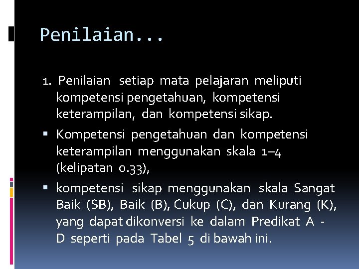 Penilaian. . . 1. Penilaian setiap mata pelajaran meliputi kompetensi pengetahuan, kompetensi keterampilan, dan