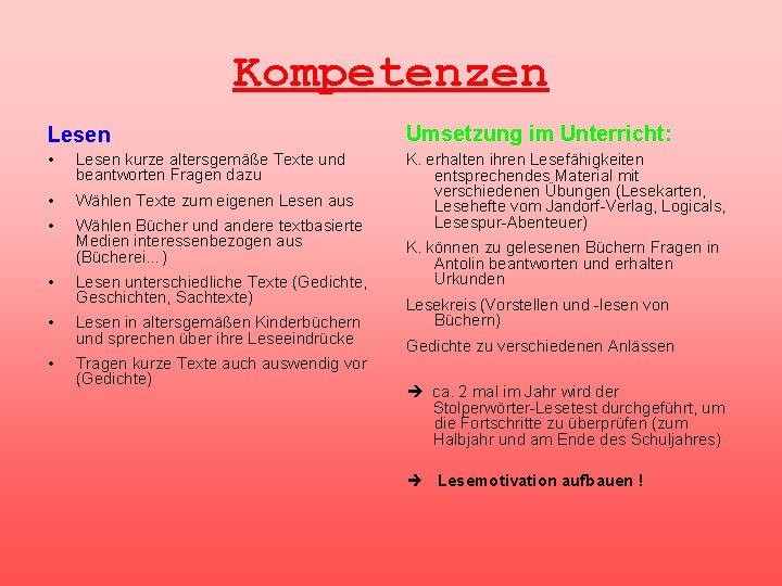 Kompetenzen Lesen Umsetzung im Unterricht: • Lesen kurze altersgemäße Texte und beantworten Fragen dazu