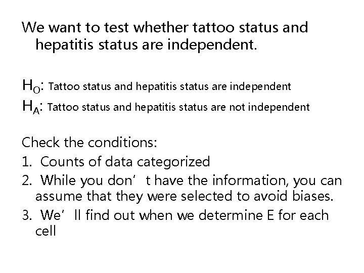 We want to test whether tattoo status and hepatitis status are independent. HO: Tattoo