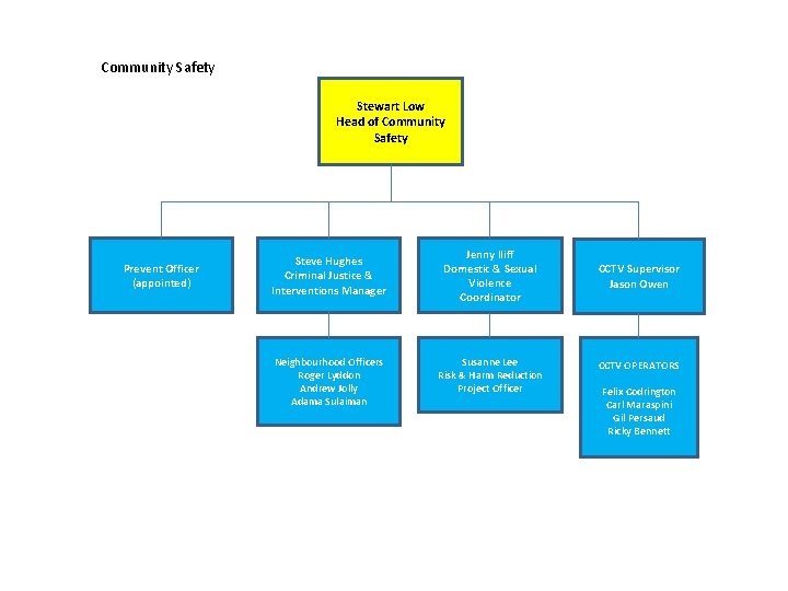 Community Safety Stewart Low Head of Community Safety Prevent Officer (appointed) Steve Hughes Criminal