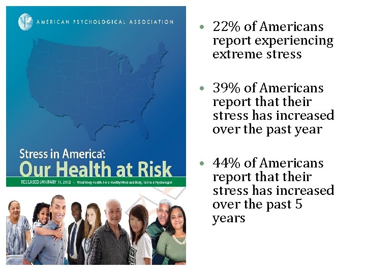  • 22% of Americans report experiencing extreme stress • 39% of Americans report