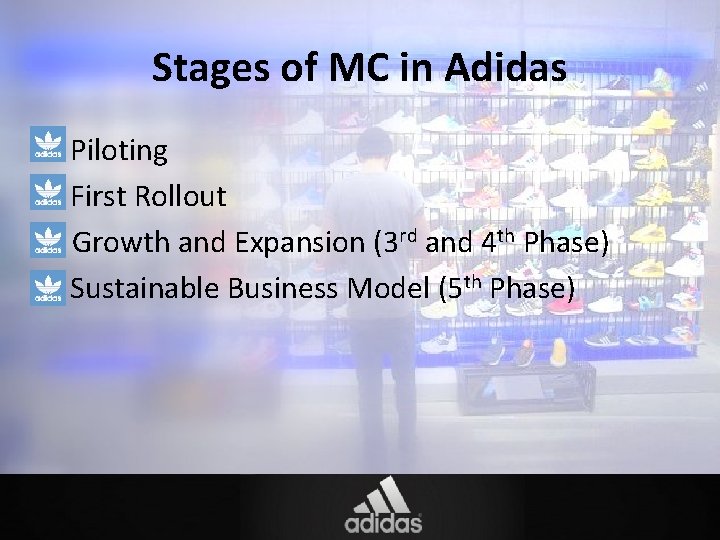 Stages of MC in Adidas • Piloting • First Rollout Growth and Expansion (3