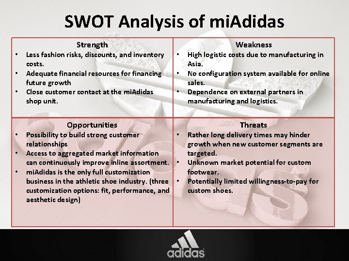 SWOT Analysis of mi. Adidas • • • Strength Less fashion risks, discounts, and