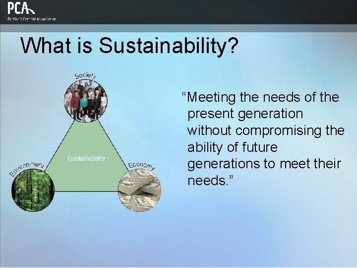 What is Sustainability? “Meeting the needs of the present generation without compromising the ability