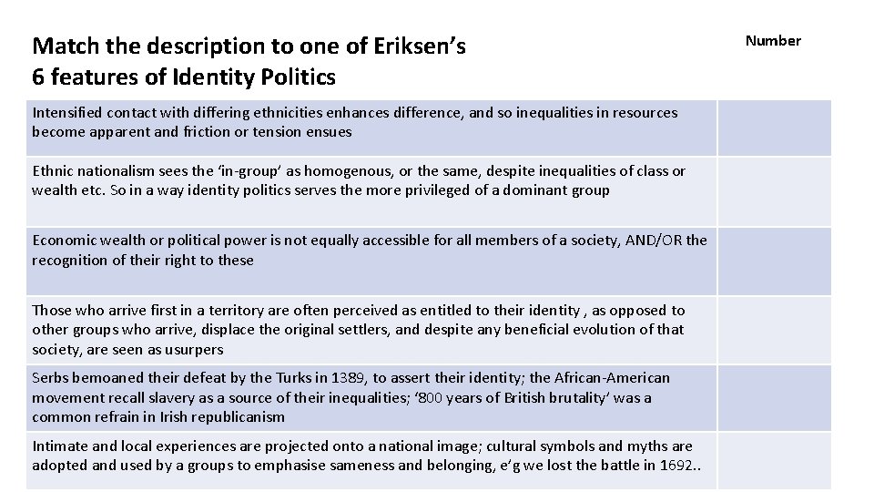 Match the description to one of Eriksen’s 6 features of Identity Politics Intensified contact