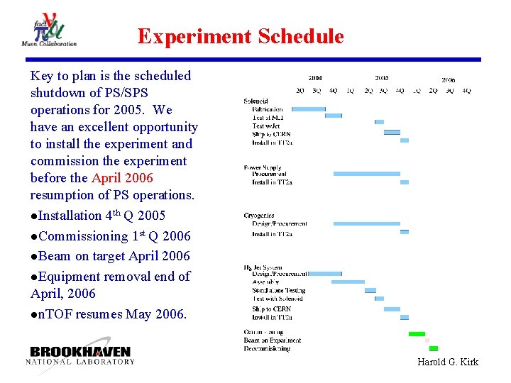 Experiment Schedule Key to plan is the scheduled shutdown of PS/SPS operations for 2005.