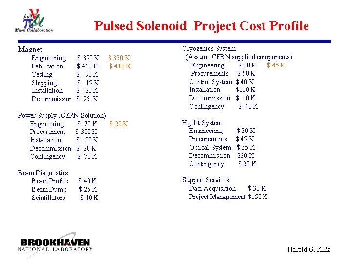 Pulsed Solenoid Project Cost Profile Magnet Engineering Fabrication Testing Shipping Installation Decommission $ 350