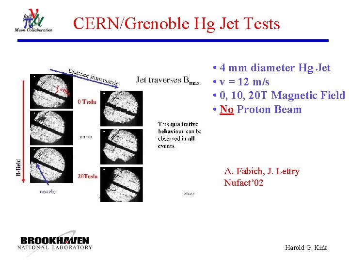 CERN/Grenoble Hg Jet Tests • 4 mm diameter Hg Jet • v = 12