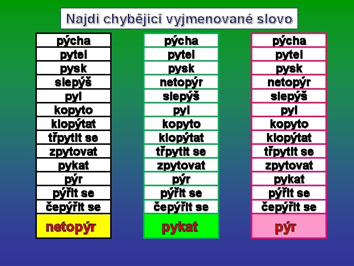 Najdi chybějící vyjmenované slovo pýcha pytel pysk slepýš pyl kopyto klopýtat třpytit se zpytovat