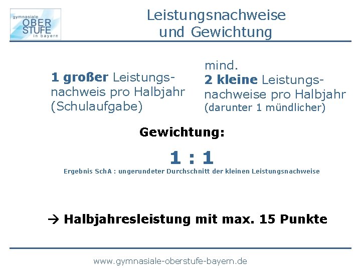 Leistungsnachweise und Gewichtung 1 großer Leistungsnachweis pro Halbjahr (Schulaufgabe) mind. 2 kleine Leistungsnachweise pro