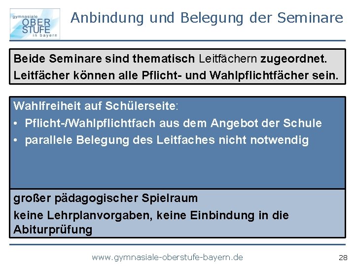 Anbindung und Belegung der Seminare Beide Seminare sind thematisch Leitfächern zugeordnet. Leitfächer können alle