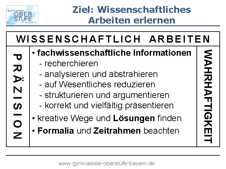 Ziel: Wissenschaftliches Arbeiten erlernen WISSENSCHAFTLICH ARBEITEN www. gymnasiale-oberstufe-bayern. de WAHRHAFTIGKEIT PRÄZISION • fachwissenschaftliche Informationen