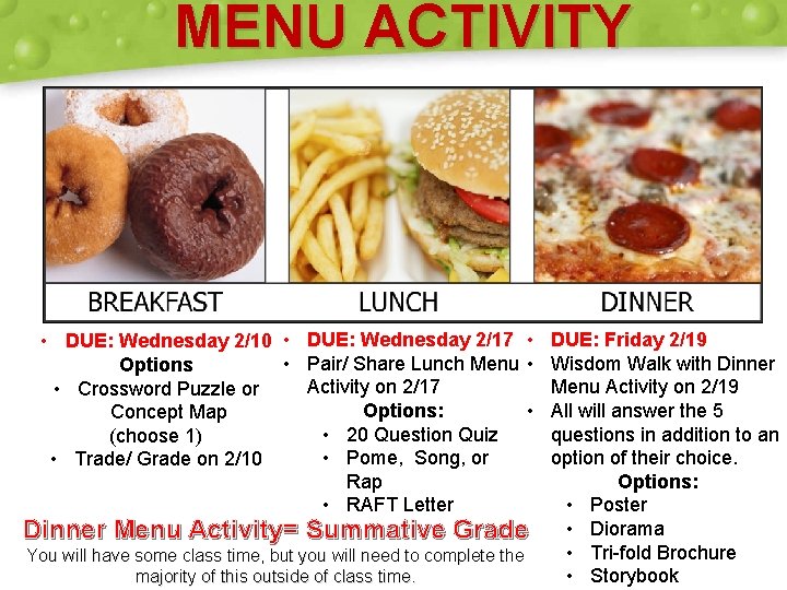 MENU ACTIVITY • DUE: Wednesday 2/10 • DUE: Wednesday 2/17 • DUE: Friday 2/19 MENU ACTIVITY • DUE: Wednesday 2/10 • DUE: Wednesday 2/17 • DUE: Friday 2/19