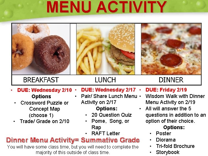 MENU ACTIVITY • DUE: Wednesday 2/10 • DUE: Wednesday 2/17 • DUE: Friday 2/19