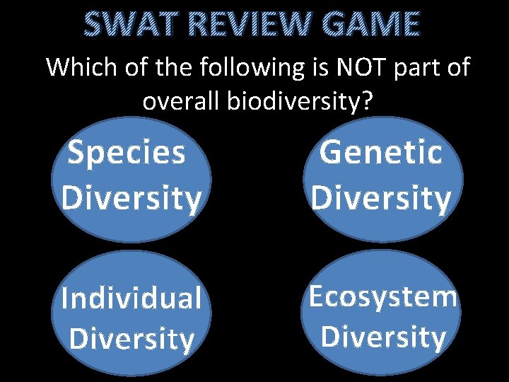 SWAT REVIEW GAME Which of the following is NOT part of overall biodiversity? Species