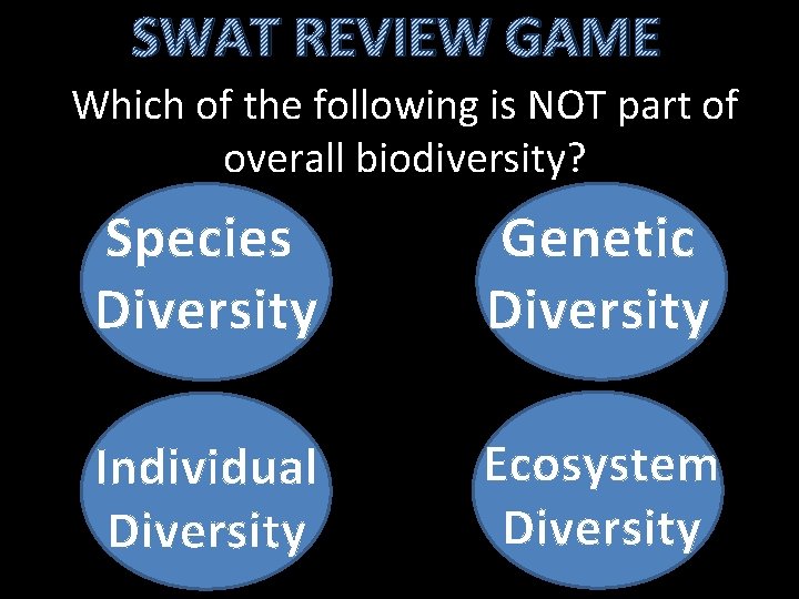 SWAT REVIEW GAME Which of the following is NOT part of overall biodiversity? Species SWAT REVIEW GAME Which of the following is NOT part of overall biodiversity? Species