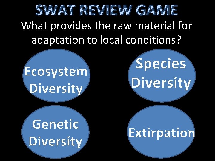 SWAT REVIEW GAME What provides the raw material for adaptation to local conditions? Ecosystem SWAT REVIEW GAME What provides the raw material for adaptation to local conditions? Ecosystem