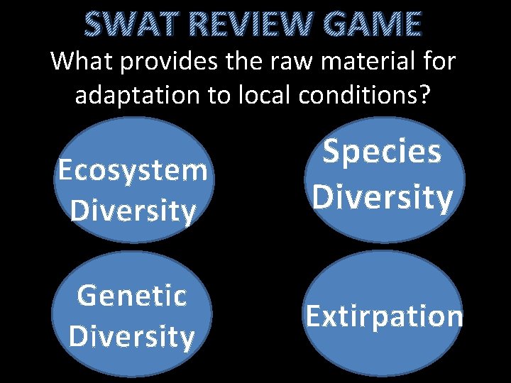 SWAT REVIEW GAME What provides the raw material for adaptation to local conditions? Ecosystem